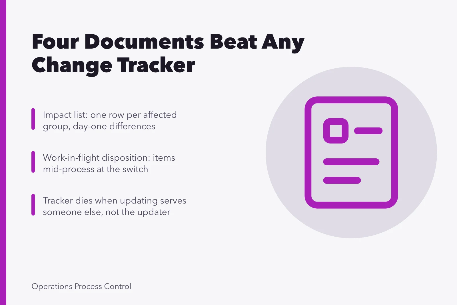 Four change documents: impact list, work-in-flight disposition, and tracker graveyard warning. Change management tools: four documents beat any tracker
