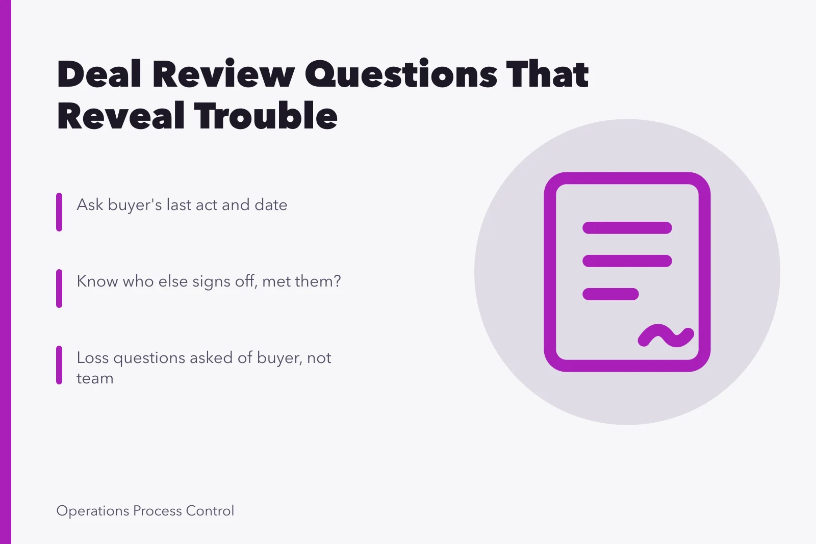 Card with deal review questions to spot dying deals early. Good business development questions: the kind that reveal a dying deal early