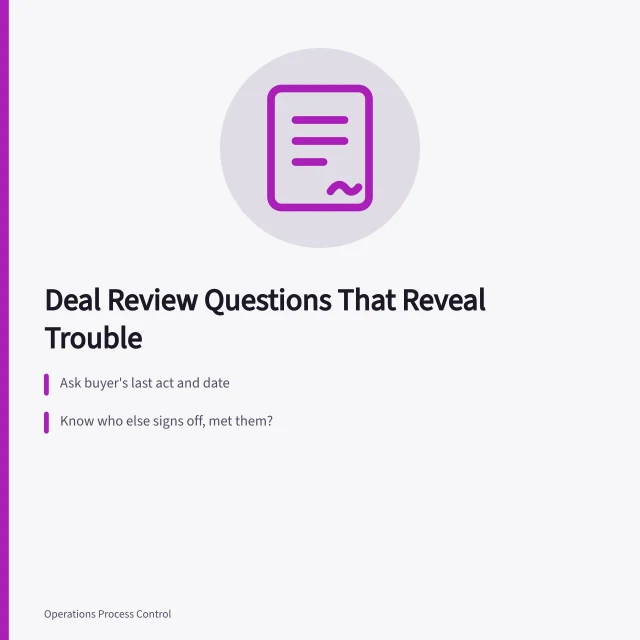 Card with deal review questions to spot dying deals early. Good business development questions: the kind that reveal a dying deal early