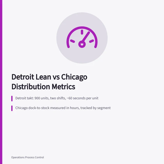 Comparison of Detroit takt time and Chicago dock-to-stock distribution metrics. Detroit lean operations compared with Chicago distribution process control