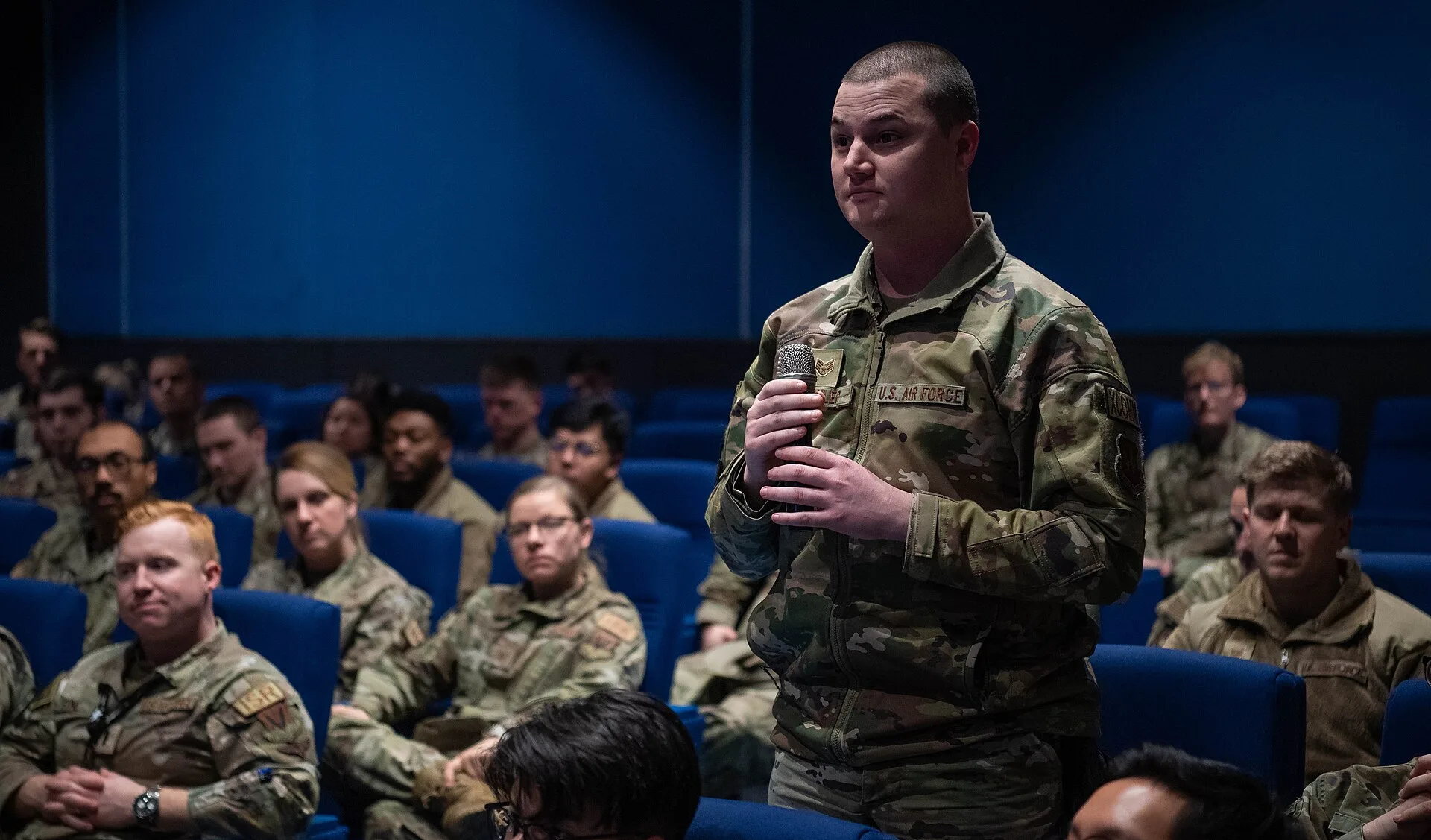 U.S. Air Force Staff Sgt. Paul Kirchler, 1st Combat Communications Squadron unit deployment manager, asks a question during an all-call with Lt. Gen. Leah G. Lauderback, intelligence, surveillance, reconnaissance; and cyber effects operations deputy chief of staff, at Ramstein Air Base, Germany, Dec. What makes a management foundations question actually return information?