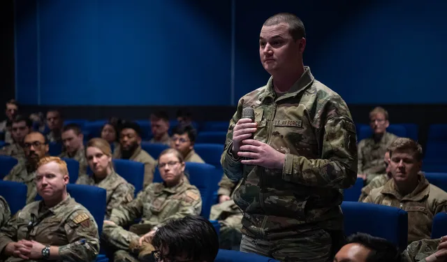 U.S. Air Force Staff Sgt. Paul Kirchler, 1st Combat Communications Squadron unit deployment manager, asks a question during an all-call with Lt. Gen. Leah G. Lauderback, intelligence, surveillance, reconnaissance; and cyber effects operations deputy chief of staff, at Ramstein Air Base, Germany, Dec. What makes a management foundations question actually return information?