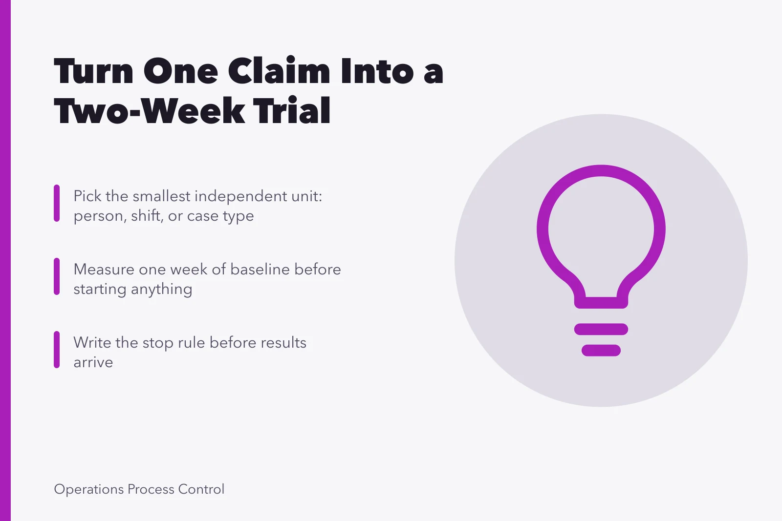 Card outlining a two-week operations trial with unit, baseline, and stop rule. Operations case study framework: turn one claim into a two-week trial