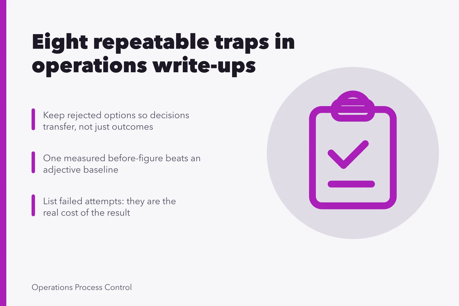 Card listing eight repeatable traps in internal operations case studies. Operations case studies mistakes: the traps and the way around them