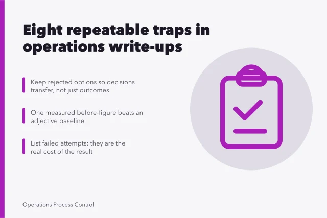 Card listing eight repeatable traps in internal operations case studies. Operations case studies mistakes: the traps and the way around them