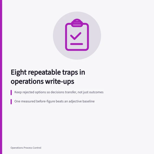 Card listing eight repeatable traps in internal operations case studies. Operations case studies mistakes: the traps and the way around them