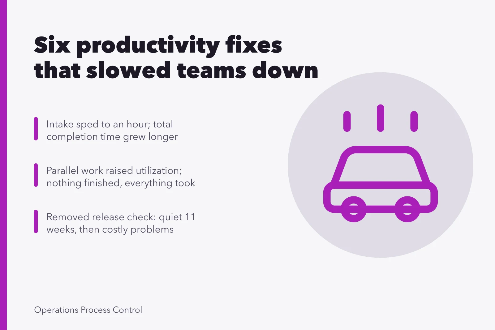 Card summarizing six productivity fixes that backfired and slowed teams down. Productivity systems mistakes: six fixes that made teams slower, not faster